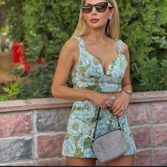 Zara Blue High Waist Shorts Set Size Small NWOT - Picture 4 of 9